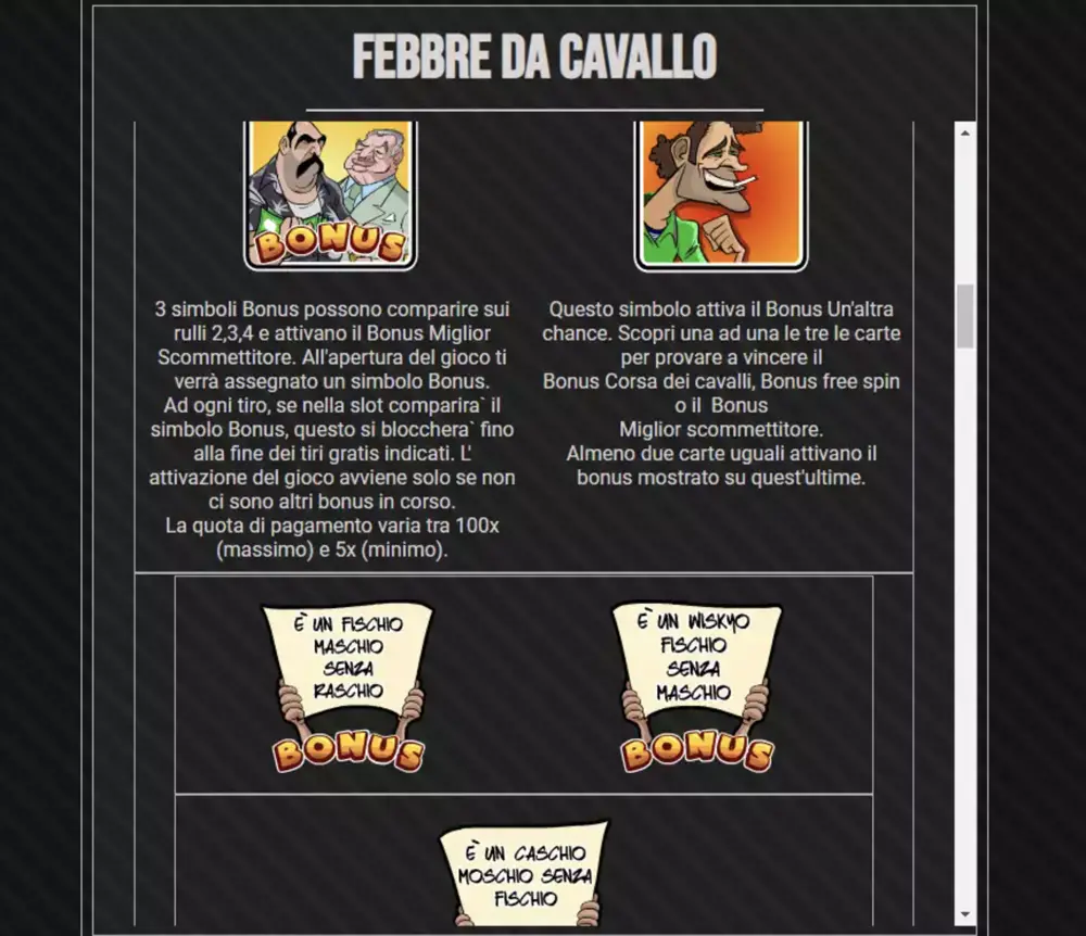 Paytable dei bonus di Febbre Da Cavallo slot con il simbolo Bonus Miglior Scommettitore e il bonus Un'altra chance