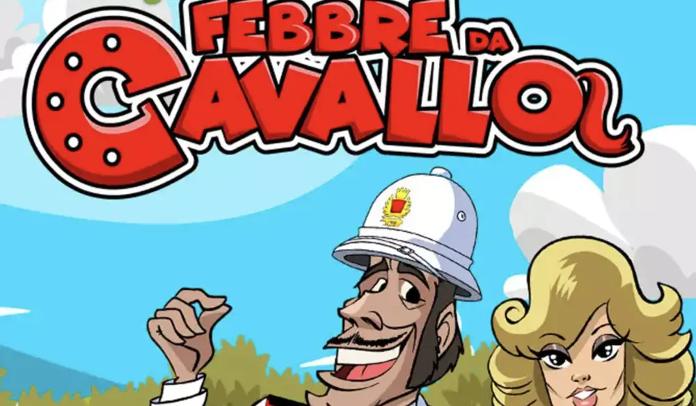 Logo di Febbre Da Cavallo slot con i personaggi della commedia italiana sullo sfondo dell'ippodromo