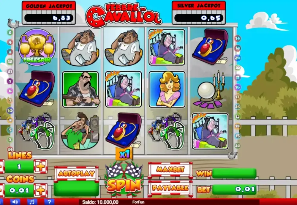 Griglia 5x3 di Febbre Da Cavallo slot con i due jackpot Silver e Golden in alto e i comandi LINES, COINS, SPIN