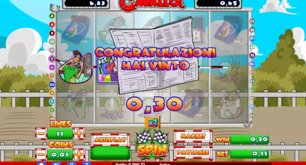 Schermata di vincita da 0,30 euro su Febbre Da Cavallo slot con la scritta Congratulazioni hai vinto