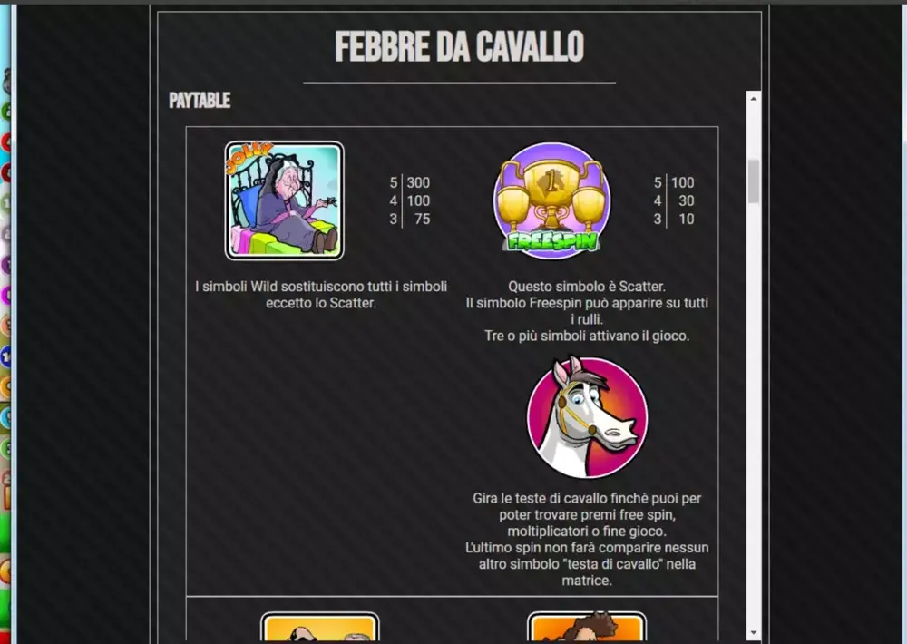 Paytable ufficiale di Febbre Da Cavallo slot con Wild, Scatter e testa di cavallo